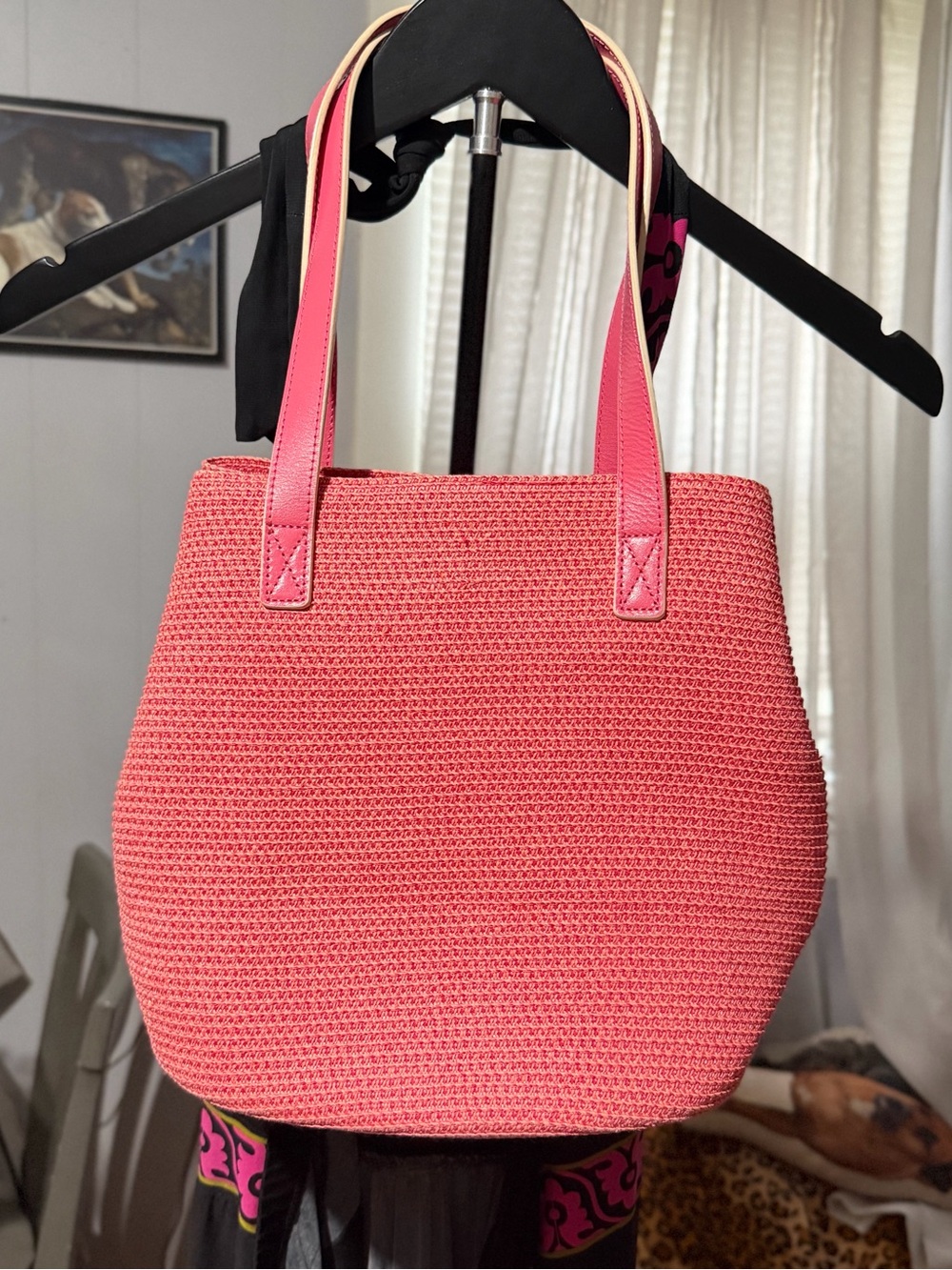 Talbots Pink Woven Straw Shoulder Bag Leather Straps Boho Beach Vacation Resort